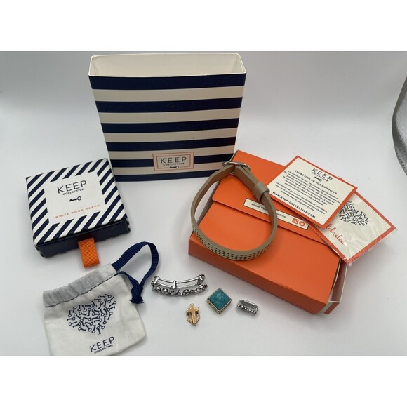 Keep Collective Single Leather Band Triangle Perf In Natural Tan & 4 Charm Lot - Picture 2 of 10